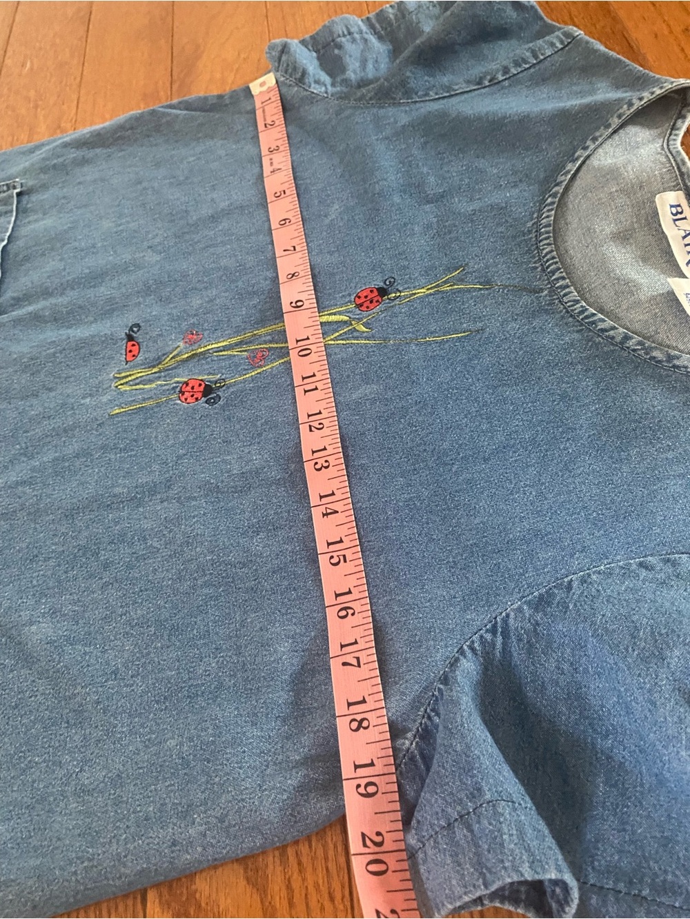Vintage 90s Blair Denim Dress Small Ladybug Embroidered Cottagecore Pockets - Picture 12 of 13